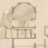 Principal design: transverse perspectival section showing east façade of Divinity School